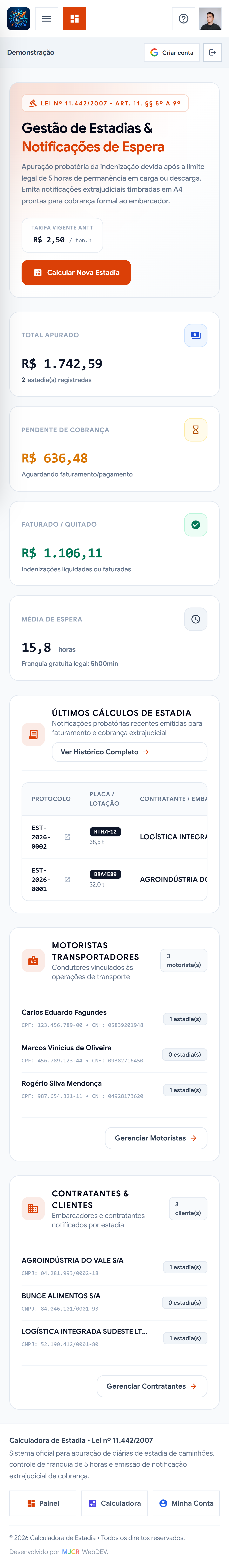 Painel mobile da Calculadora de Estadia